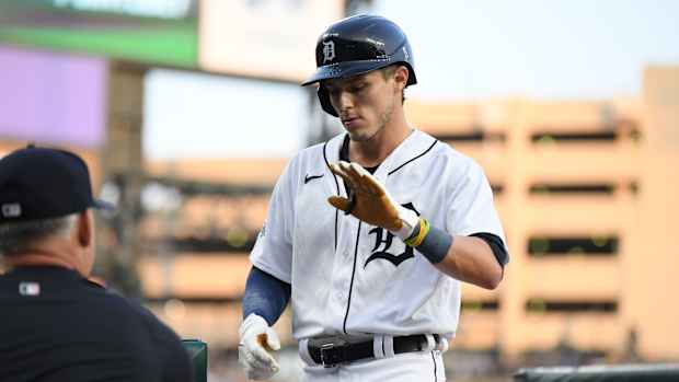 Jul 21, 2023; Detroit, Michigan, USA; Detroit Tigers second baseman Nick Maton (9) celebrates on the dugout steps after hitting a sacrifice fly off San Diego Padres starting pitcher Seth Lugo (67) (not pictured) in the sixth inning at Comerica Park. Mandatory Credit: Lon Horwedel-USA TODAY Sports
